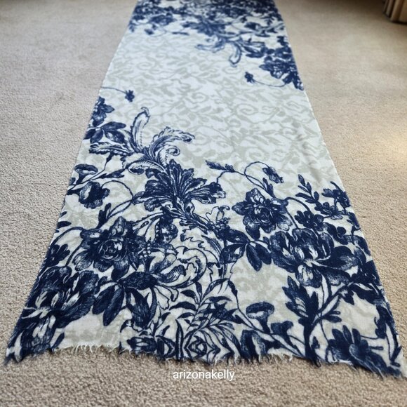 The Cashmere Project Floral Cashmere Scarf Blue Grey Ivory - Picture 6 of 9